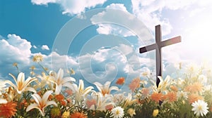 Spiritual Reassurance Wooden Cross and White Lilies in Heavenly Setting