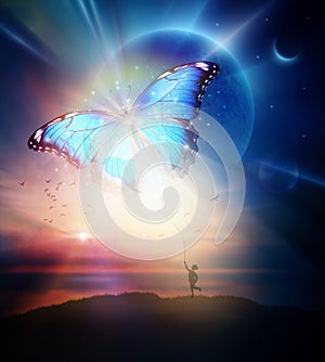 Spiritual release, inner child, dreams, hope, wishes, butterfly metamorphosis, transformation, awakening, destiny, new moon