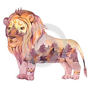 Spiritual sacred lion. Totem animals watercolor illustration