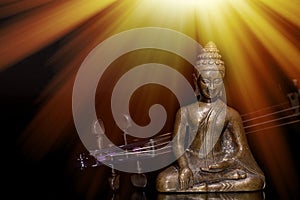 Spiritual, sacred or new age music. Buddha and violin under sun photo