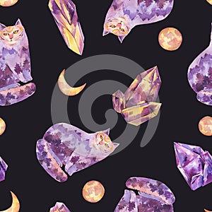 Spiritual sacred wicca cat seamless pattern with moon and purple crystal. Totem animals watercolor texture on black. Power animals