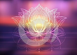 Spiritual symbol of lotus with tribal decoration on blurred ocean and sunset background. Calm and meditation. Water lily