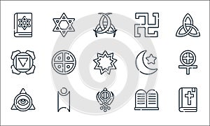 Spiritual symbols line icons. linear set. quality vector line set such as christian, sikhism, cao dai, commandements, humanism,