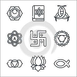 Spiritual symbols line icons. linear set. quality vector line set such as christianity, ayyavazhi, ajna, visuddha, jain, atheist, photo