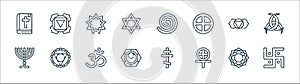 Spiritual symbols line icons. linear set. quality vector line set such as jain, paganism, svadhishthana, menorah, ajna, bahaism, photo