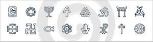 Spiritual symbols line icons. linear set. quality vector line set such as native, chi rho, atheist, paganism, torii gate, menorah