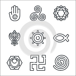 Spiritual symbols line icons. linear set. quality vector line set such as native, svadhishthana, christianity, buddism, sikhism,