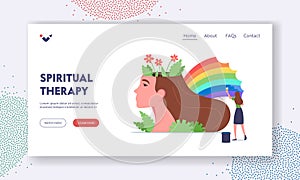Spiritual Therapy Landing Page Template. Mental Health, Wellness. Tiny Woman Character Painting Rainbow at Huge Head