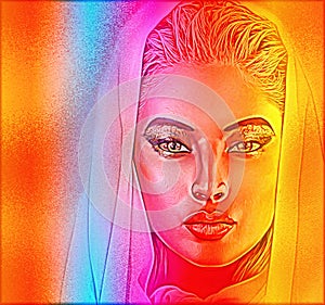 A spiritual woman's face close up with a veil with a colorful abstract gradient effect