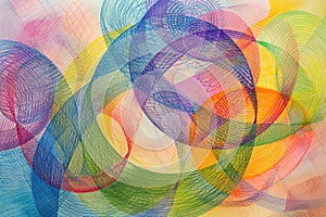 Spirographic abstract multi-colored drawing in pencil and watercolor. Abstract background.