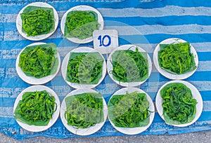 Spirogyra, Chlorophyta, fragmentation, algae, spirogyra food for fish, sold at local market in Thailand