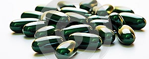 Spirulina capsules food suplement on white background