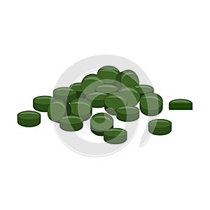 Spirulina, chlorophyll, or chlorella tablets isolated on white background