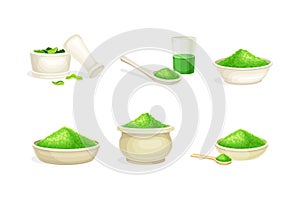 Spirulina dietary supplements set. Fresh green leaves and powder of algae. Eco product, antioxidant superfood cartoon