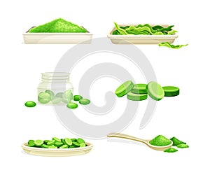 Spirulina dietary supplements set. Powder and tablets. Eco product, antioxidant superfood cartoon vector illustration
