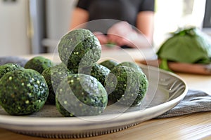 spirulina energy balls on a plate with a person in the background