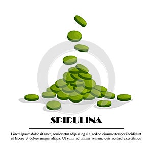 Spirulina falling tablets, algae nutritional supplement isolated on white background, vector illustration. Healthy food