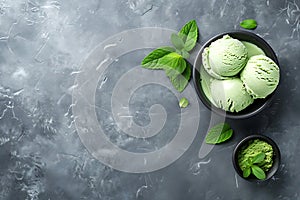 Spirulina Ice Cream Scoops with Fresh Mint