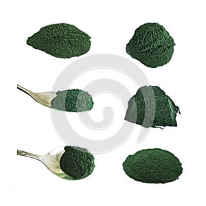 Spirulina Powder, Set of Food Supplements, Isolated Spirulina.