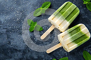 Spirulina and Vanilla Popsicles on Dark Background