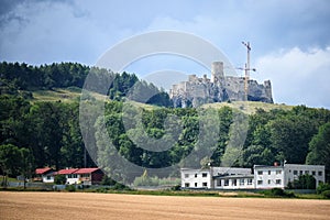 Spissky Castle with a cloudy blue sky in the background, in Zegre, Slovakia