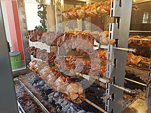 Spit chickens barbeque meat traditional ethic greece