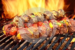 Spit Roast Beef Kebabs On The Hot Flaming BBQ Grill