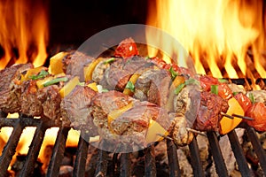 Spit Roast Beef Kebabs On The Hot Flaming BBQ Grill photo
