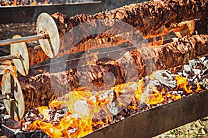 Spit roast meat on hardwood charcoal