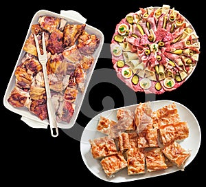 Spit Roasted Pork Meat and Serbian Crumpled Cheese Pie Slices with Appetizer Savory Dish Meze Isolated On Black Background