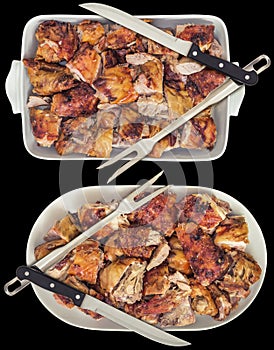 Spit Roasted Pork Meat Slices with Serving Fork and Knife in Ceramic Oblong Casserole and Oval Tray Isolated on Black Background