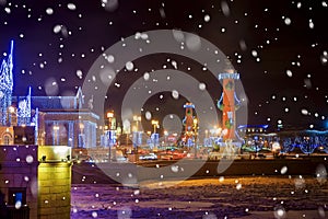 Spit of Vasilyevsky Island in St. Petersburg with Christmas illumination at night