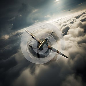 Spitfire plane soaring over the sea, illustration, Generative AI