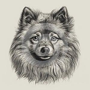 Spitz dog, engaving style, close-up portrait, black and white drawing photo