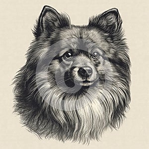 Spitz dog, engaving style, close-up portrait, black and white drawing photo