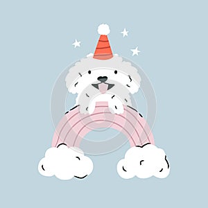 Spitz dog in a holiday hat sits by a cupcake. Hand drawn vector Birthday card, print, composition