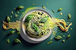 Splash abd levitation of delicious green pasta dish with pesto sauce and fresh herbs,
