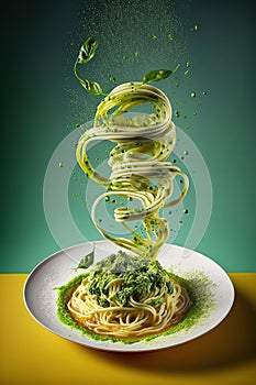 Splash abd levitation of delicious green pasta dish with pesto sauce and fresh herbs