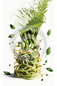 Splash abd levitation of delicious green pasta dish with pesto sauce and fresh herbs