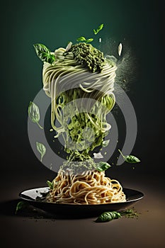 Splash abd levitation of delicious green pasta dish with pesto sauce and fresh herbs