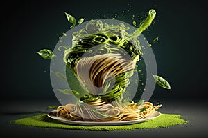 Splash abd levitation of delicious green pasta dish with pesto sauce and fresh herbs