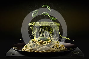 Splash abd levitation of delicious green pasta dish with pesto sauce and fresh herbs