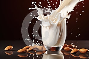 Splash of almond milk on black background. Glass of almond milk