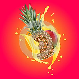 Splash of ananas juice. Mango and pineapple. 3d realistic vector