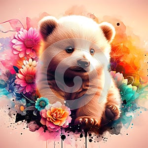 Splash art of cute baby bear with colorful smokes and flower surrounded, animal abstract design