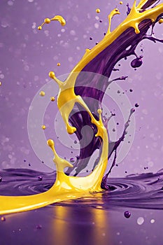 Splash art dans? of yellow and purple liquids like slow motion shooting random scattering