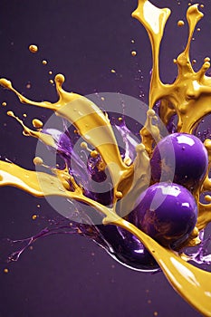 Splash art dans? of yellow and purple liquids like slow motion shooting random scattering