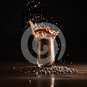 Splash of beer foam flying with chocolate chips. Mug of beer with foam