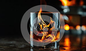splash of burning water. burning full glass of liq