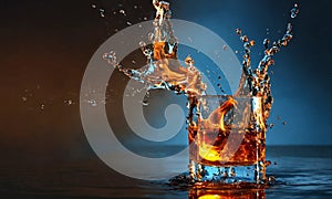splash of burning water. burning full glass of liq